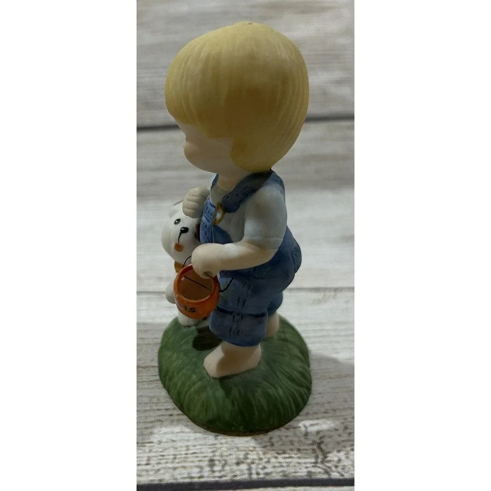 Vintage Enesco Country Cousins Scooter Dog Bucket of Worms Missing Fishing Pole